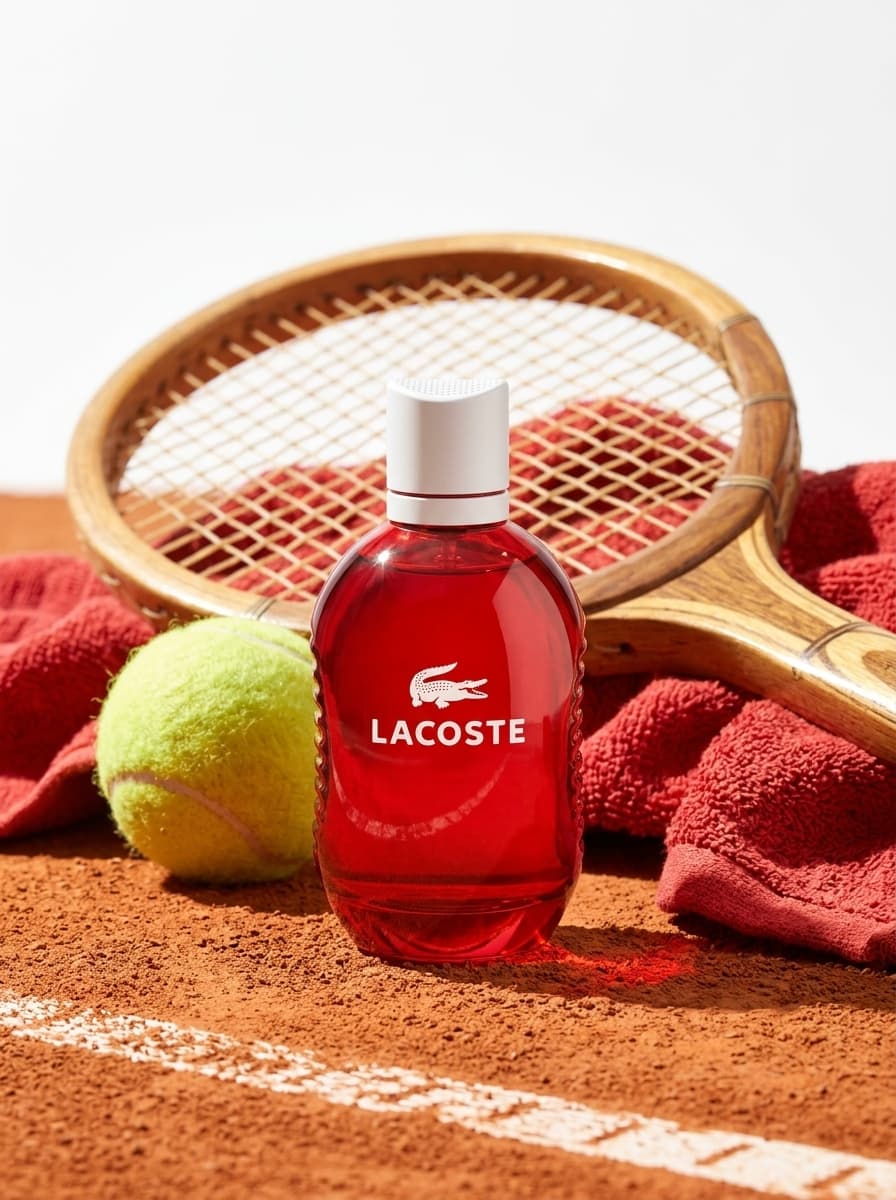 Frasco de perfume rojo junto a una raqueta y una pelota de tenis