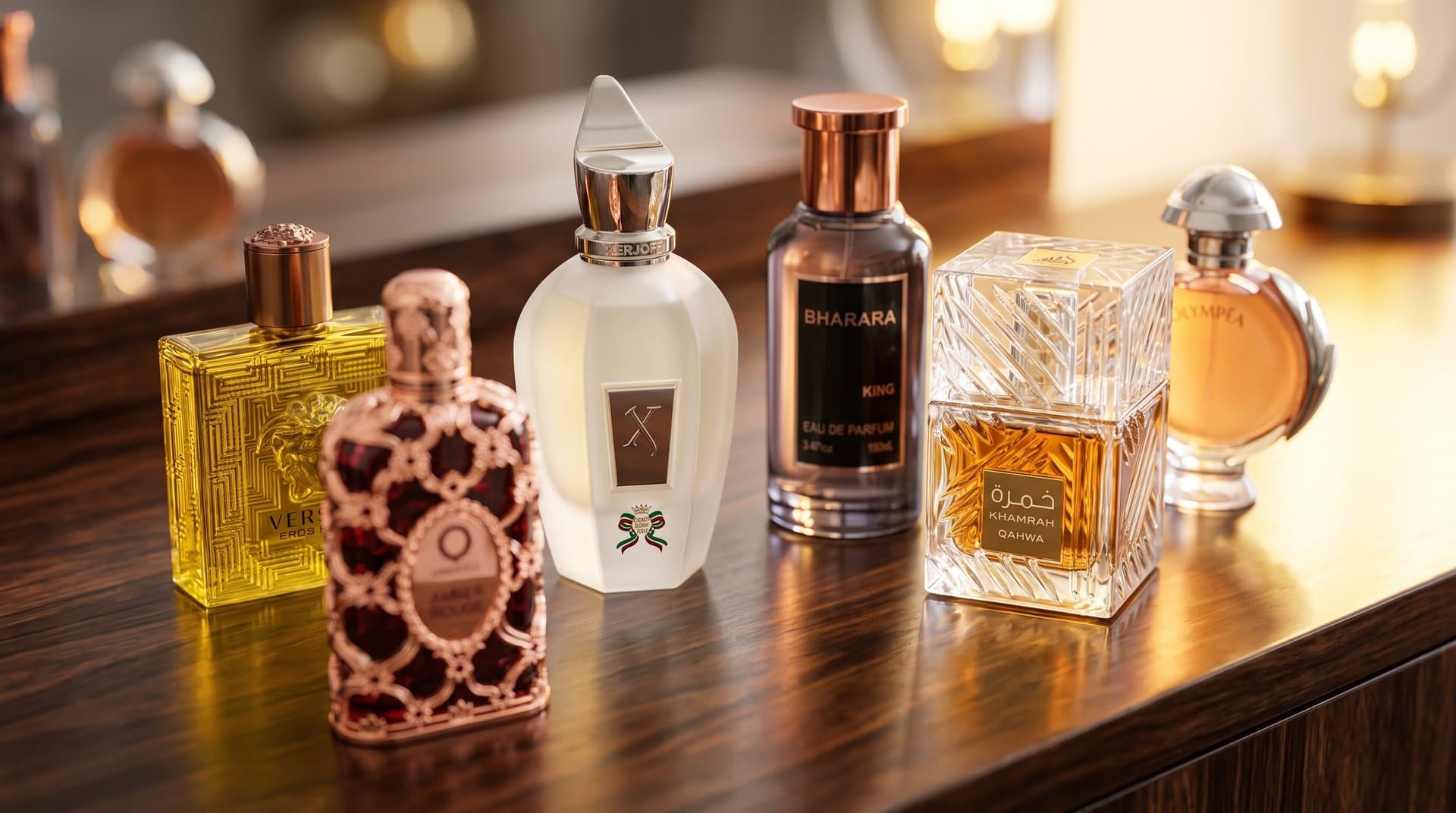 Colección de frascos de perfume de distintas formas y tamaños sobre una mesa pulida